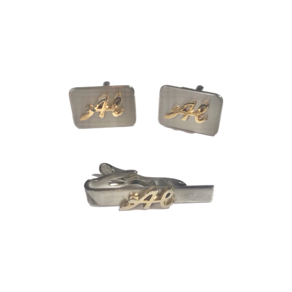 Hickok Monogram "AL" Cufflinks Tie Bar Set Silver Gold Tone 1960s Made in USA